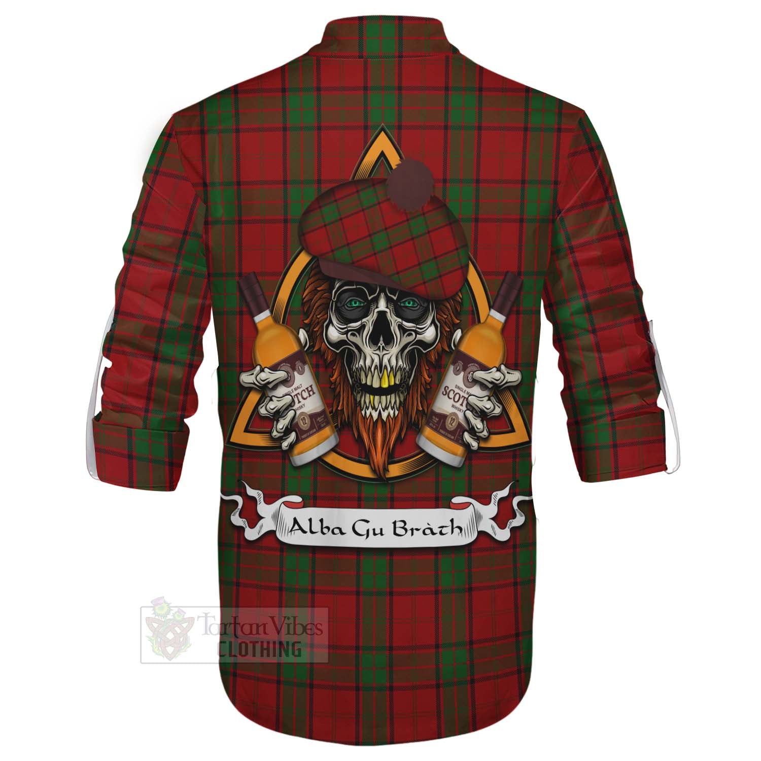 Tartan Vibes Clothing Maxwell Tartan Ghillie Kilt Shirt with Family Crest and Bearded Skull Holding Bottles of Whiskey