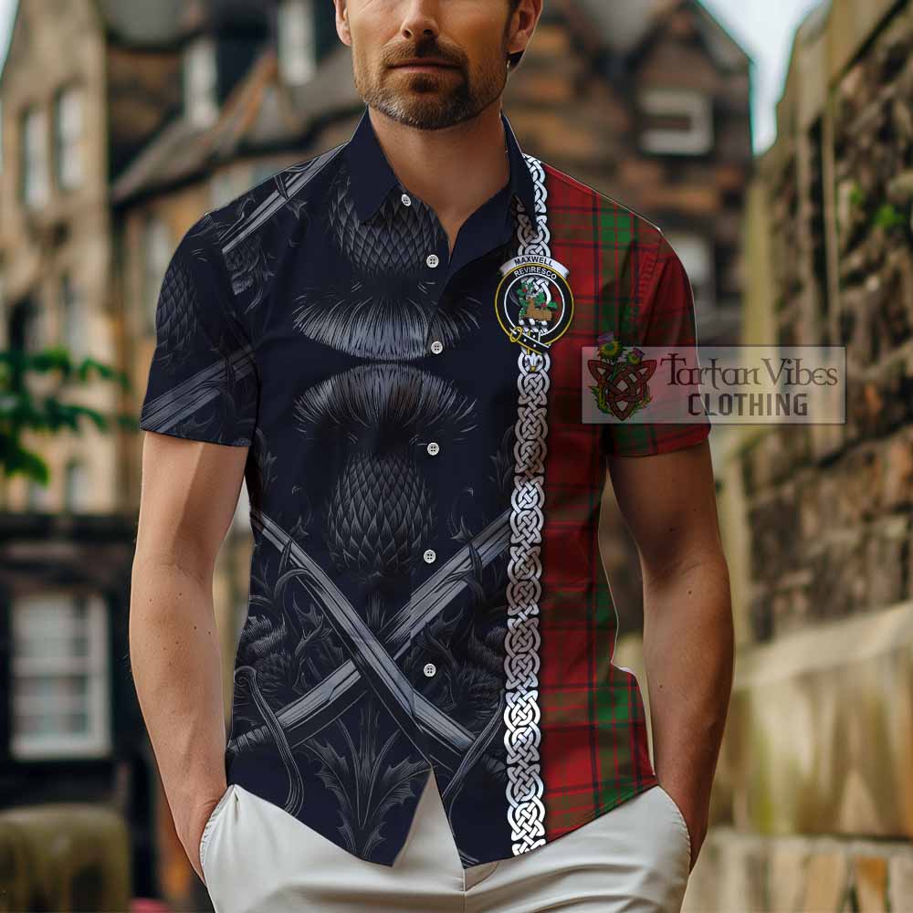 Tartan Vibes Clothing Maxwell Tartan Short Sleeve Button Shirt with Family Crest Cross Sword Thistle Celtic Vibes