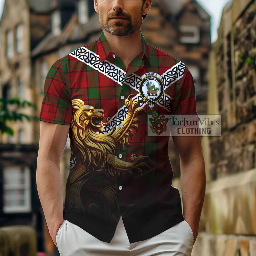 Tartan Vibes Clothing Maxwell Crest Tartan Short Sleeve Button Shirt with Golden Lion Emblem Celtic Style