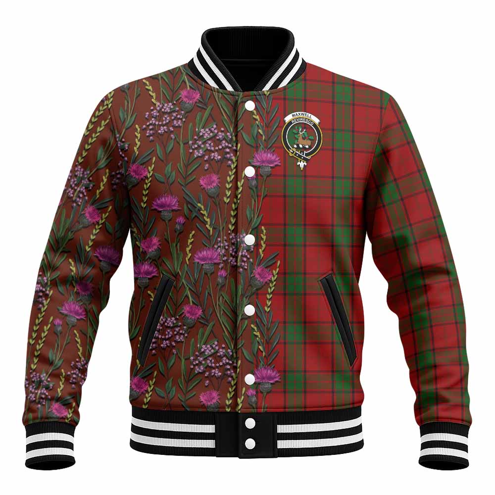 Maxwell Family Crest Tartan Baseball Jacket Scottish Thistle Flower Pattern Half Style - Tartan Vibes Clothing