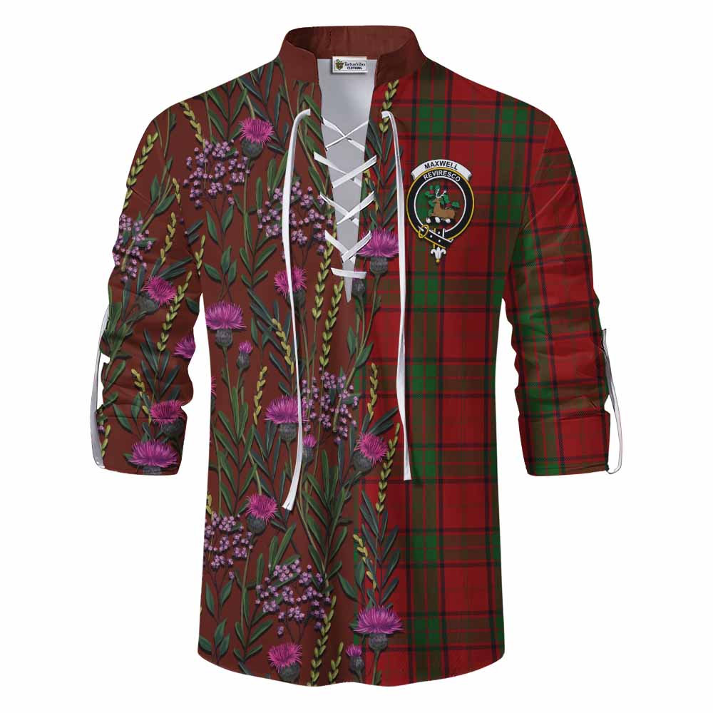Maxwell Family Crest Tartan Ghillie Shirt Scottish Thistle Flower Pattern Half Style - Tartan Vibes Clothing