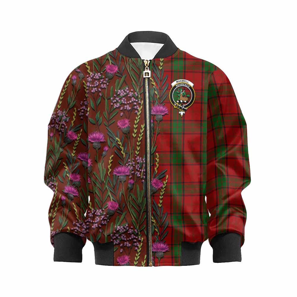 Maxwell Family Crest Tartan Kid Bomber Jacket Scottish Thistle Flower Pattern Half Style - Tartan Vibes Clothing