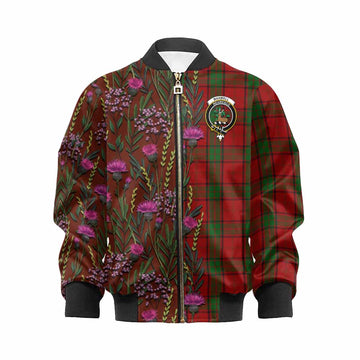 Maxwell Family Crest Tartan Kid Bomber Jacket Scottish Thistle Flower Pattern Half Style