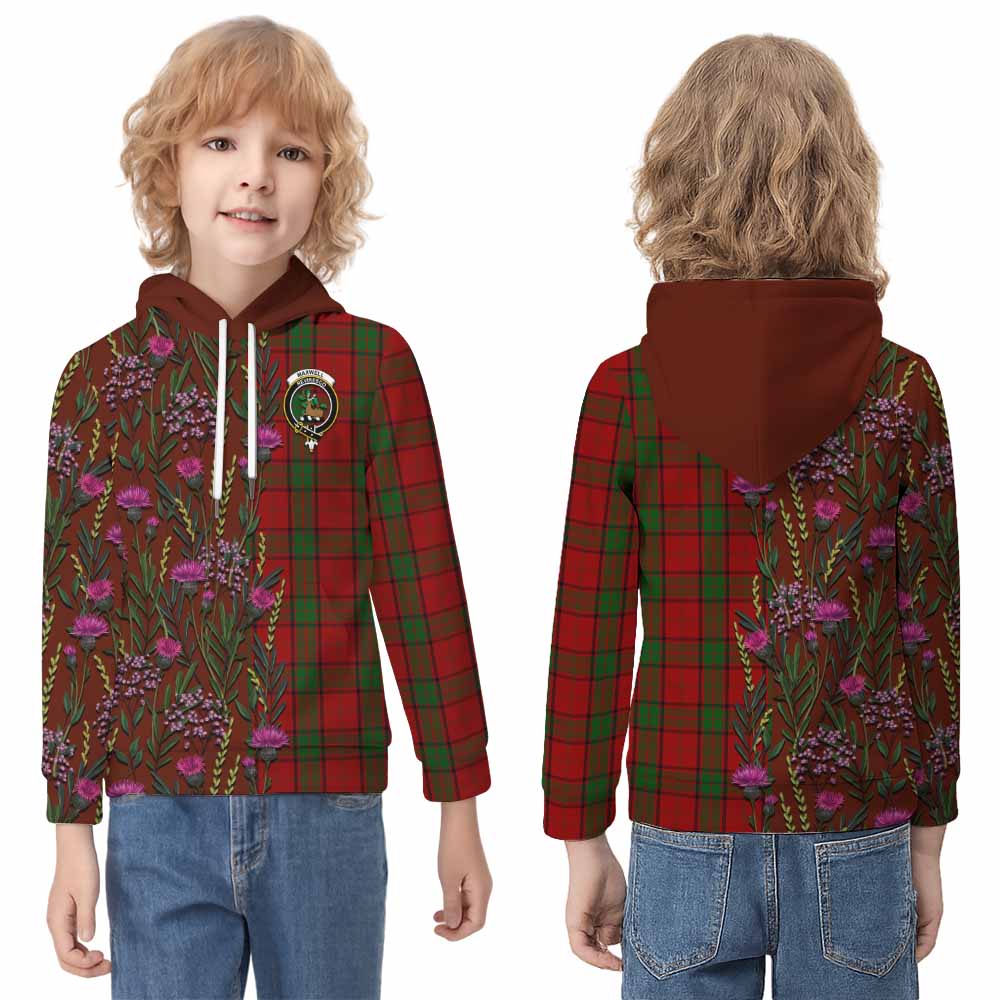 Maxwell Family Crest Tartan Kid Hoodie Scottish Thistle Flower Pattern Half Style - Tartan Vibes Clothing