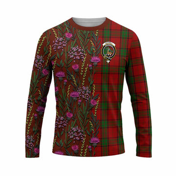 Maxwell Family Crest Tartan Long Sleeve T-Shirt Scottish Thistle Flower Pattern Half Style