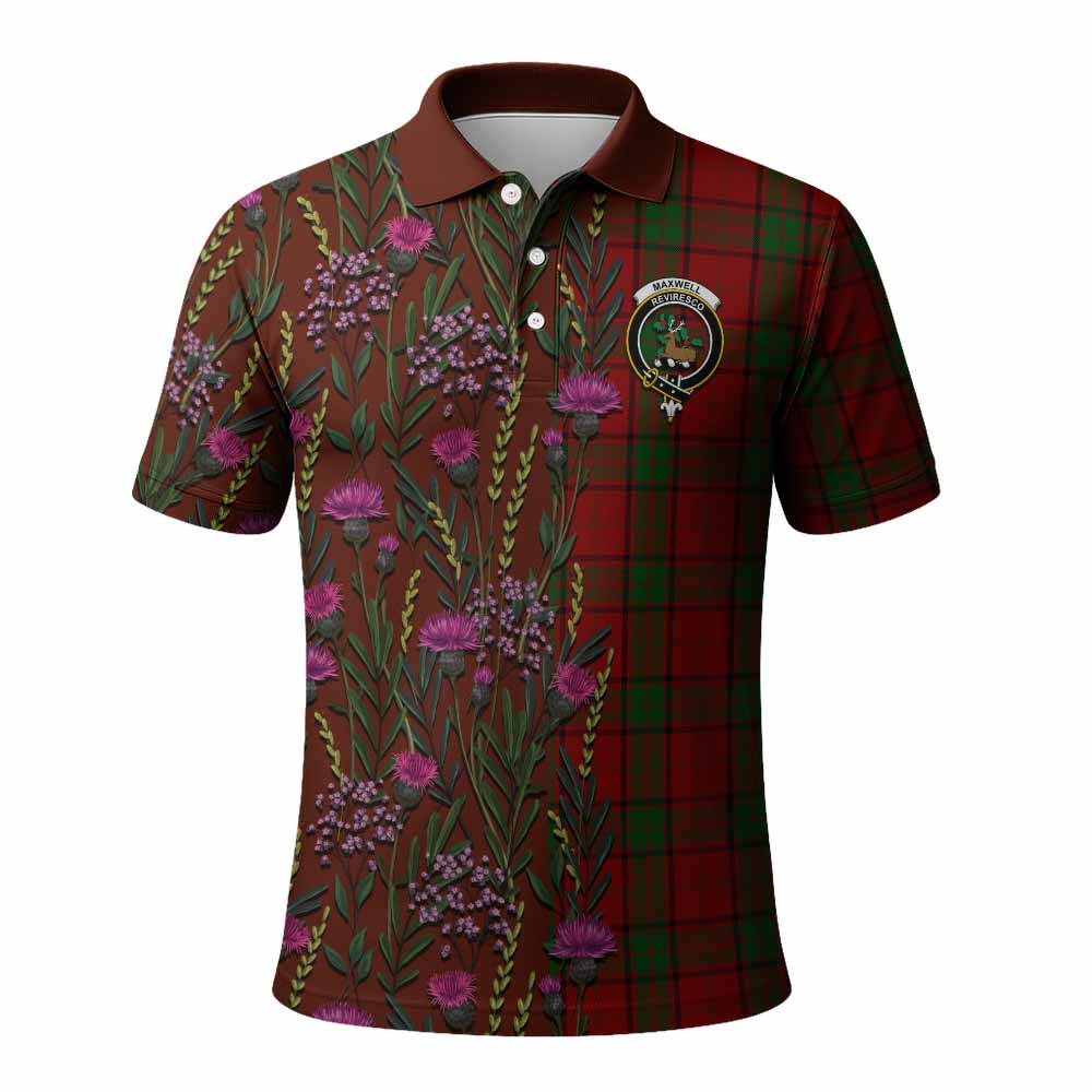 Maxwell Family Crest Tartan Polo Shirt Scottish Thistle Flower Pattern Half Style - Tartan Vibes Clothing