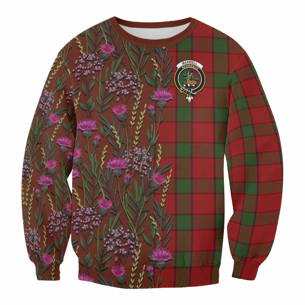 Maxwell Family Crest Tartan Sweatshirt Scottish Thistle Flower Pattern Half Style - Tartan Vibes Clothing