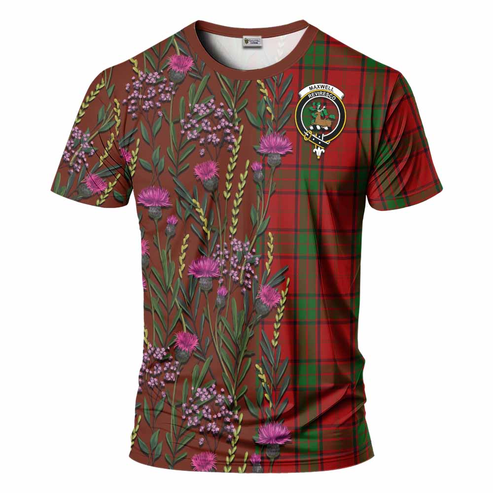 Maxwell Family Crest Tartan T-Shirt Scottish Thistle Flower Pattern Half Style - Tartan Vibes Clothing