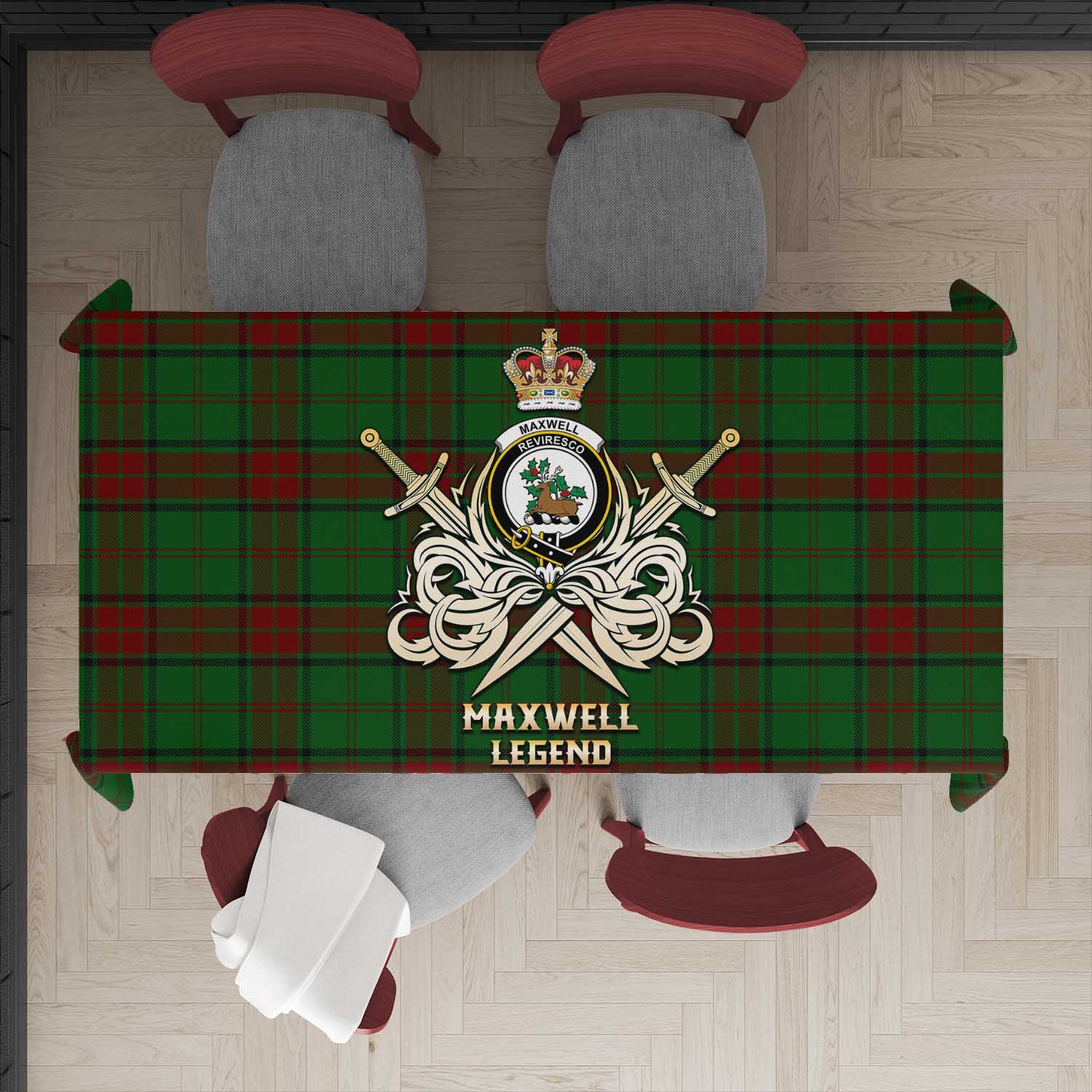 Tartan Vibes Clothing Maxwell Hunting Tartan Tablecloth with Clan Crest and the Golden Sword of Courageous Legacy