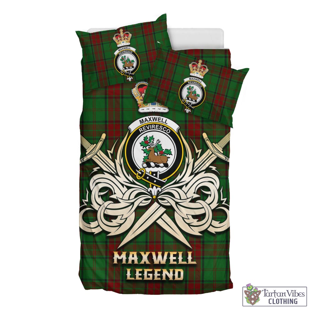 Tartan Vibes Clothing Maxwell Hunting Tartan Bedding Set with Clan Crest and the Golden Sword of Courageous Legacy