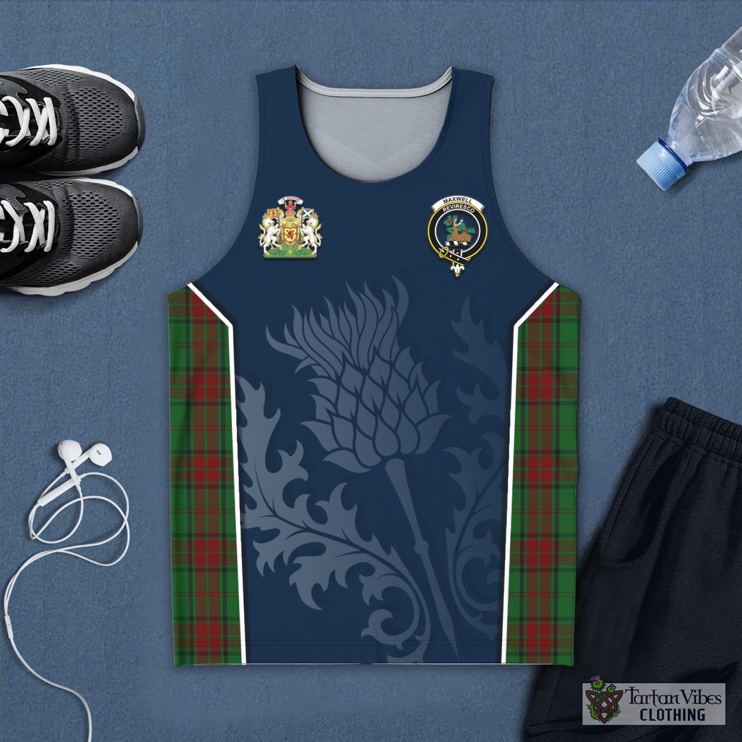 Tartan Vibes Clothing Maxwell Hunting Tartan Men's Tanks Top with Family Crest and Scottish Thistle Vibes Sport Style