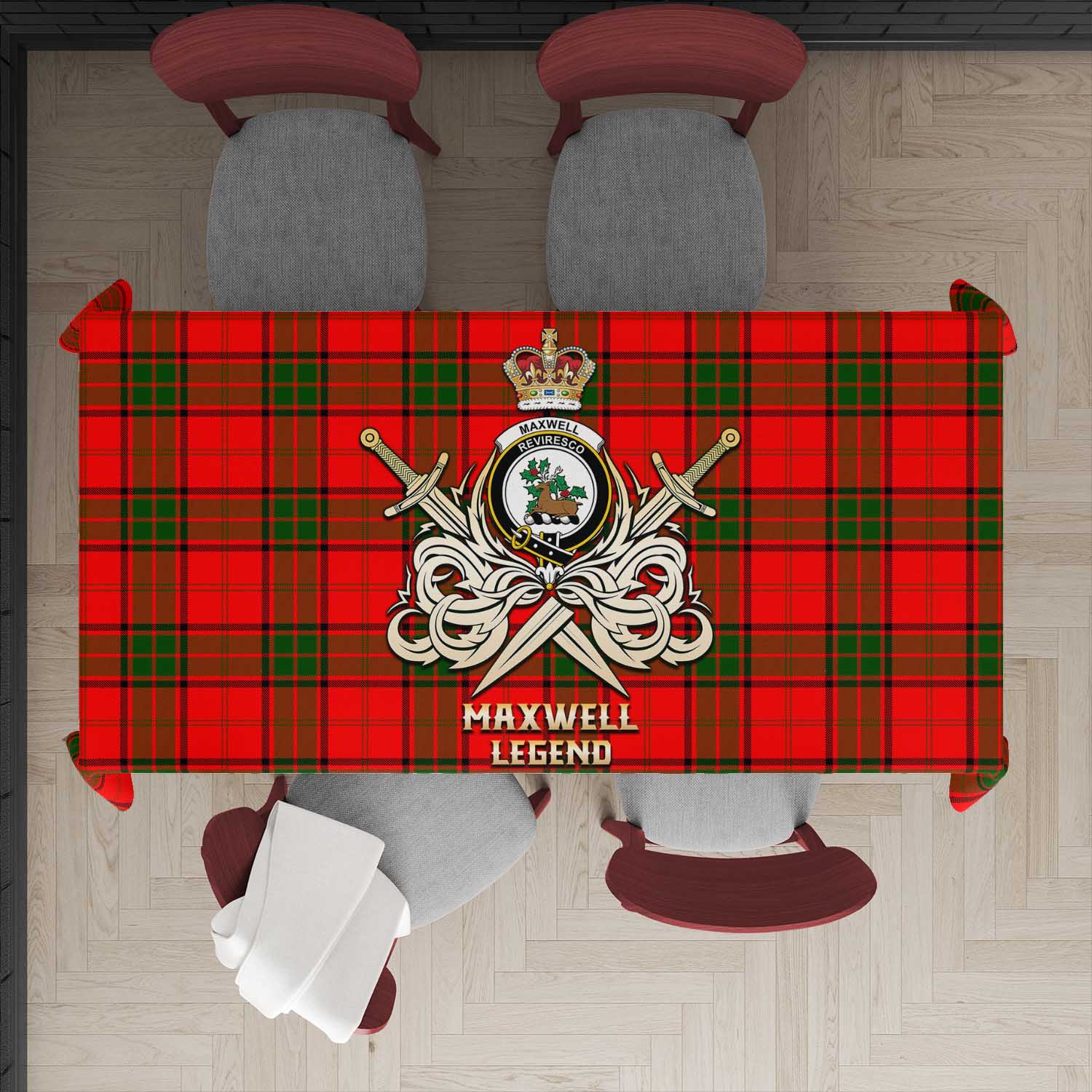 Tartan Vibes Clothing Maxwell Modern Tartan Tablecloth with Clan Crest and the Golden Sword of Courageous Legacy