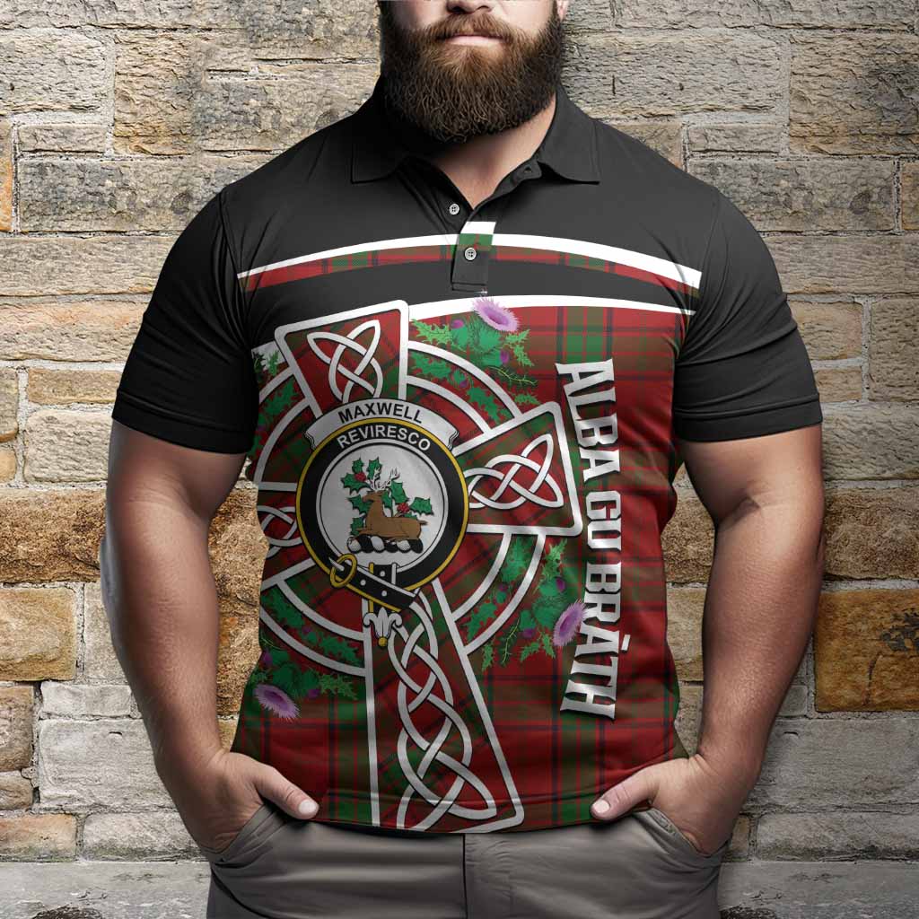 Maxwell Tartan Crest Polo Shirt Scottish Thistle Celtic Cross Alba Gu Brath