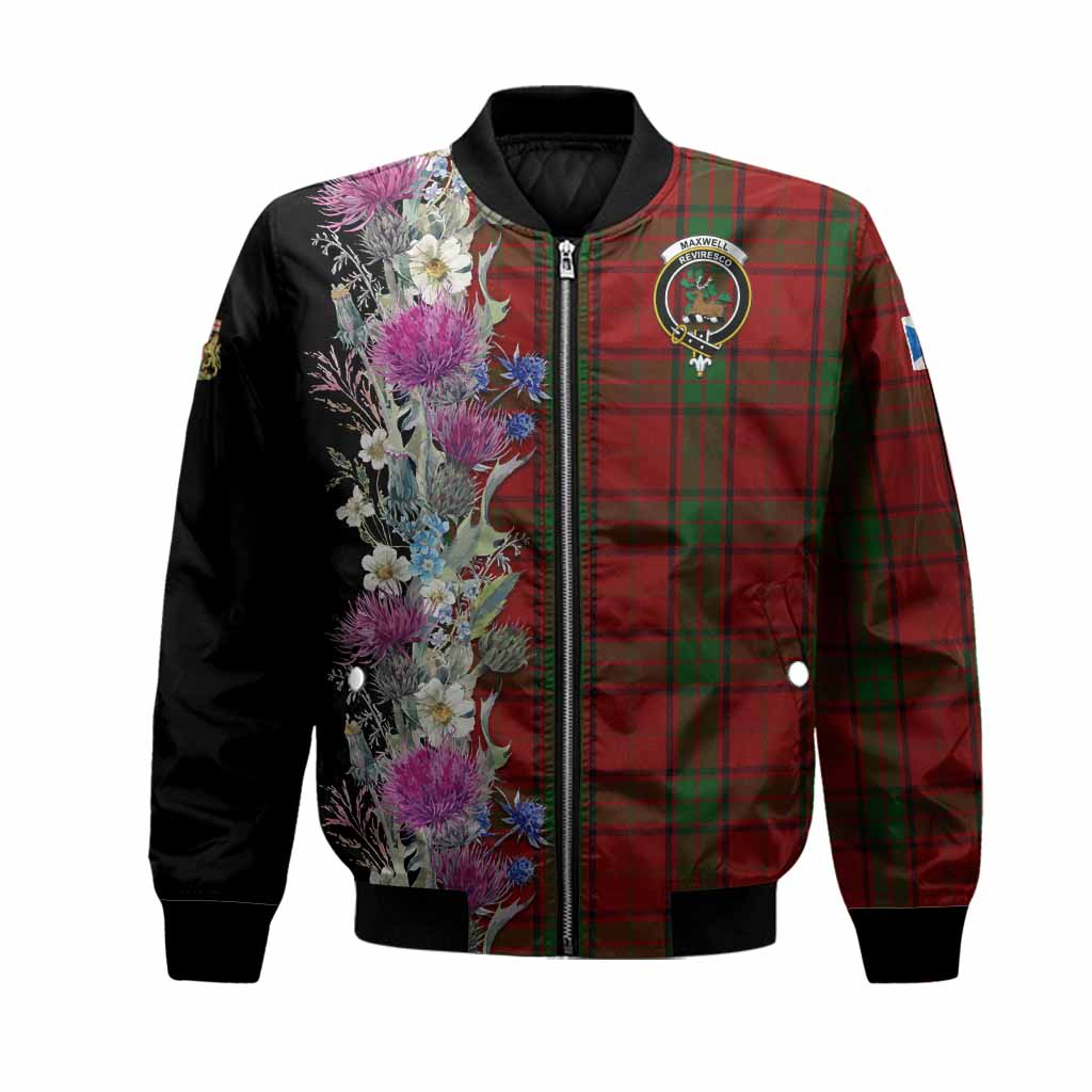 Maxwell Tartan Crest Thistle Floral Bomber Jacket Unisex Black - Tartan Vibes Clothing