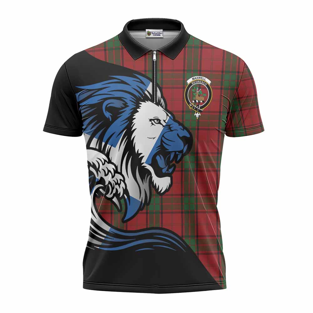 Maxwell Tartan Crest Zipper Polo Shirt Scottish Golden Lions Wave Flow