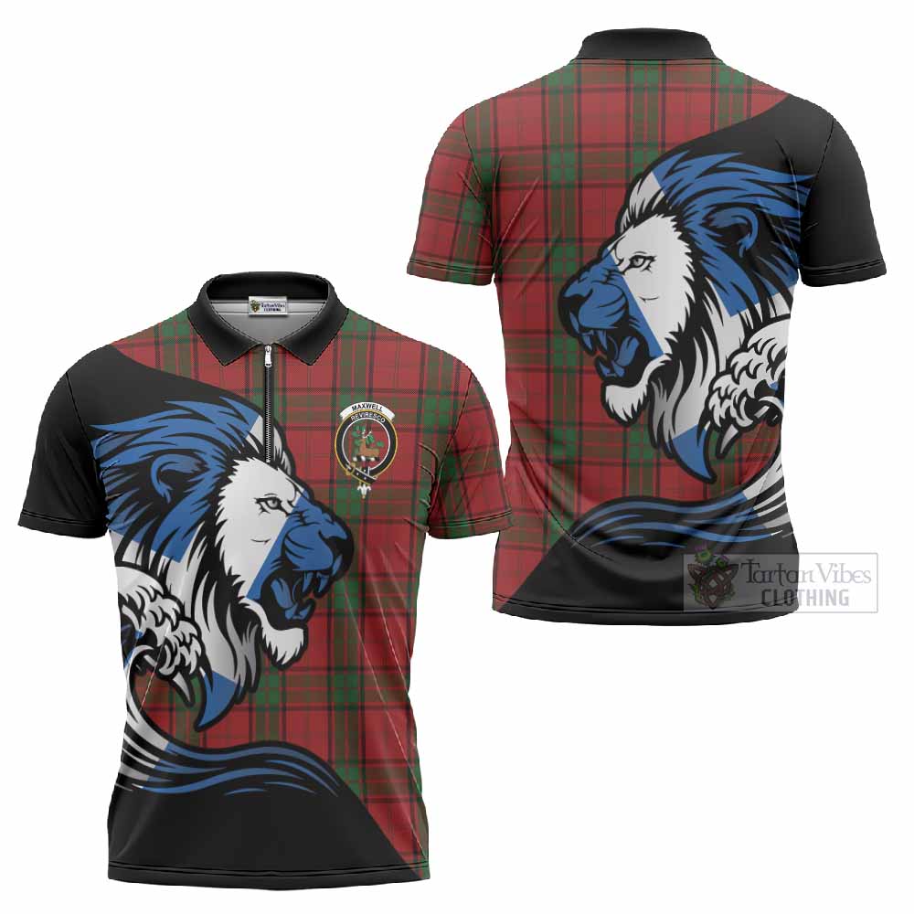 Maxwell Tartan Crest Zipper Polo Shirt Scottish Golden Lions Wave Flow