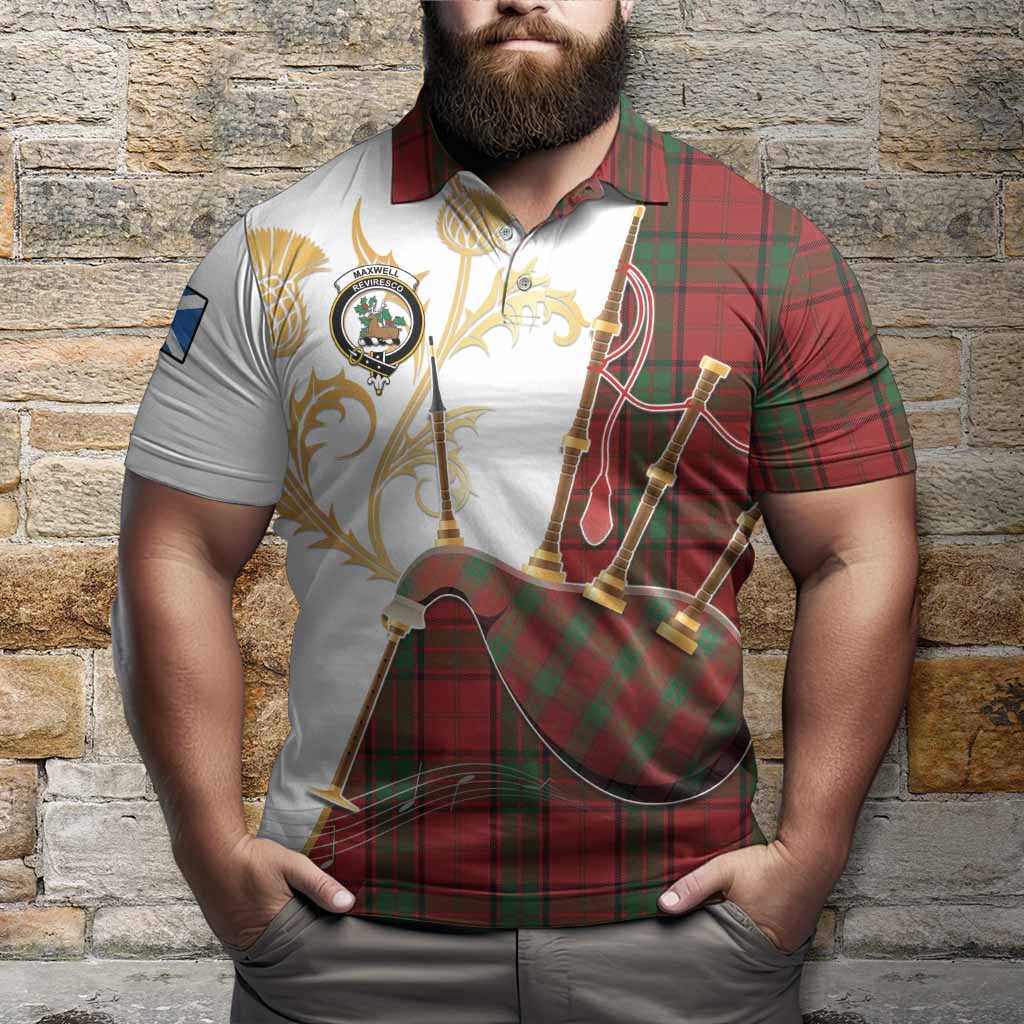 Maxwell Tartan Family Crest Polo Shirt Bagpipes with Scottish Thistle