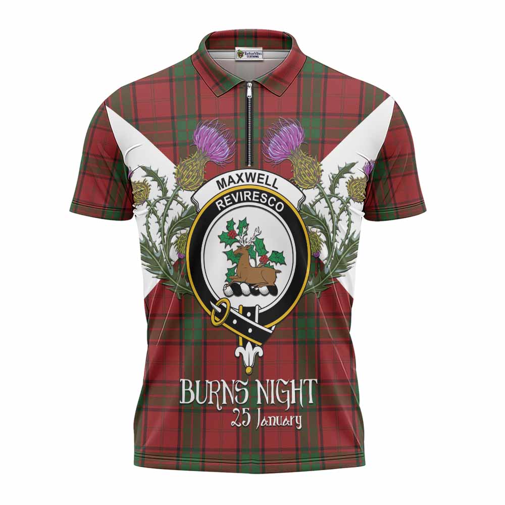 Maxwell Tartan Family Crest Zipper Polo Shirt Scottish Burns Night Thistle Floral
