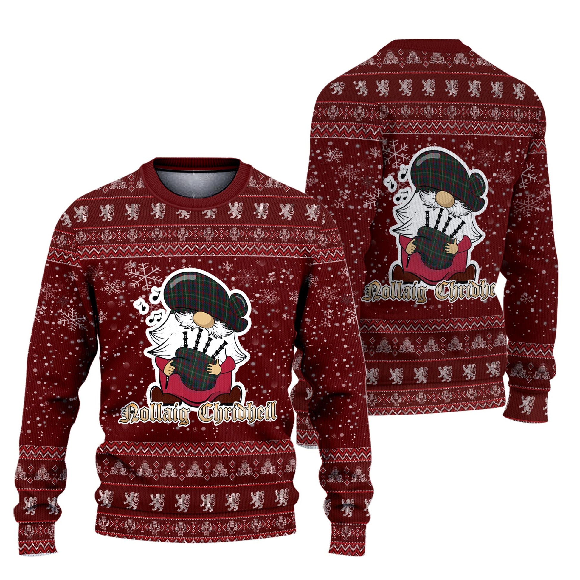 Mayo County Ireland Clan Christmas Family Knitted Sweater with Funny Gnome Playing Bagpipes Unisex Red - Tartanvibesclothing