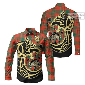 McAuley Ancient Tartan Long Sleeve Button Shirt with Family Crest Celtic Wolf Style Men's Shirt S - Tartan Vibes Clothing