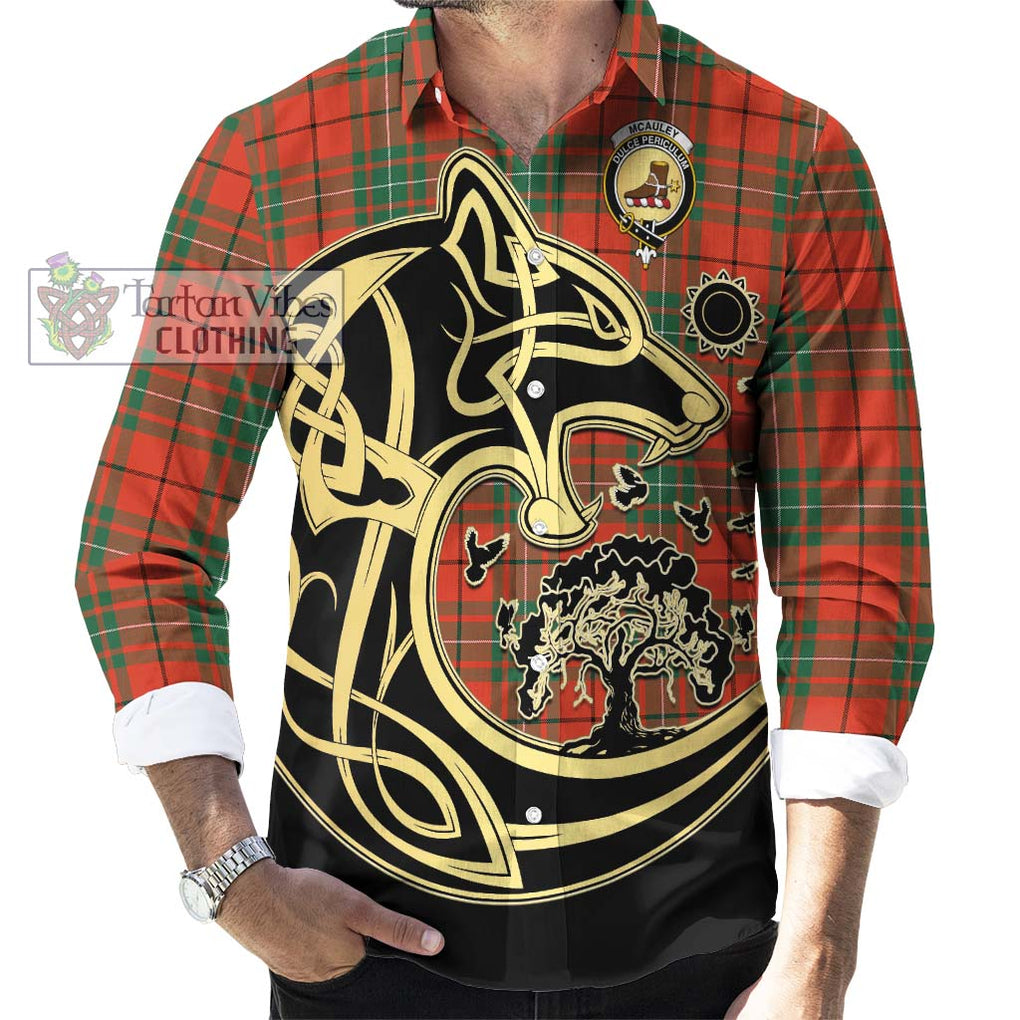 McAuley Ancient Tartan Long Sleeve Button Shirt with Family Crest Celtic Wolf Style - Tartan Vibes Clothing