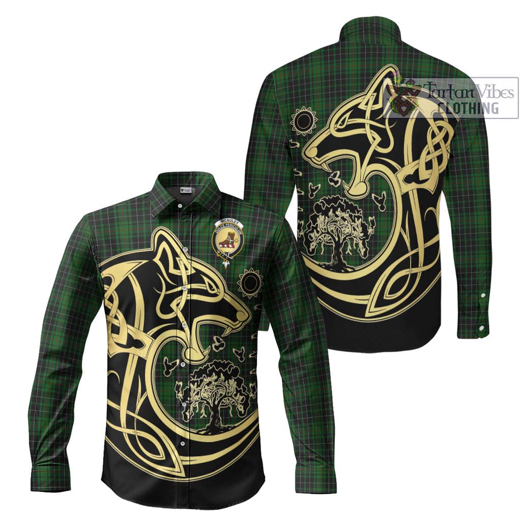 McAuley Hunting Tartan Long Sleeve Button Shirt with Family Crest Celtic Wolf Style Men's Shirt S - Tartan Vibes Clothing