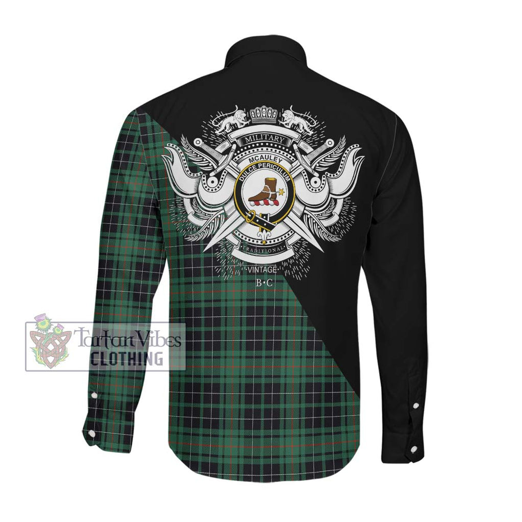 McAuley Hunting Ancient Tartan Long Sleeve Button Shirt with Family Crest and Military Logo Style Men's Shirt - Tartanvibesclothing Shop