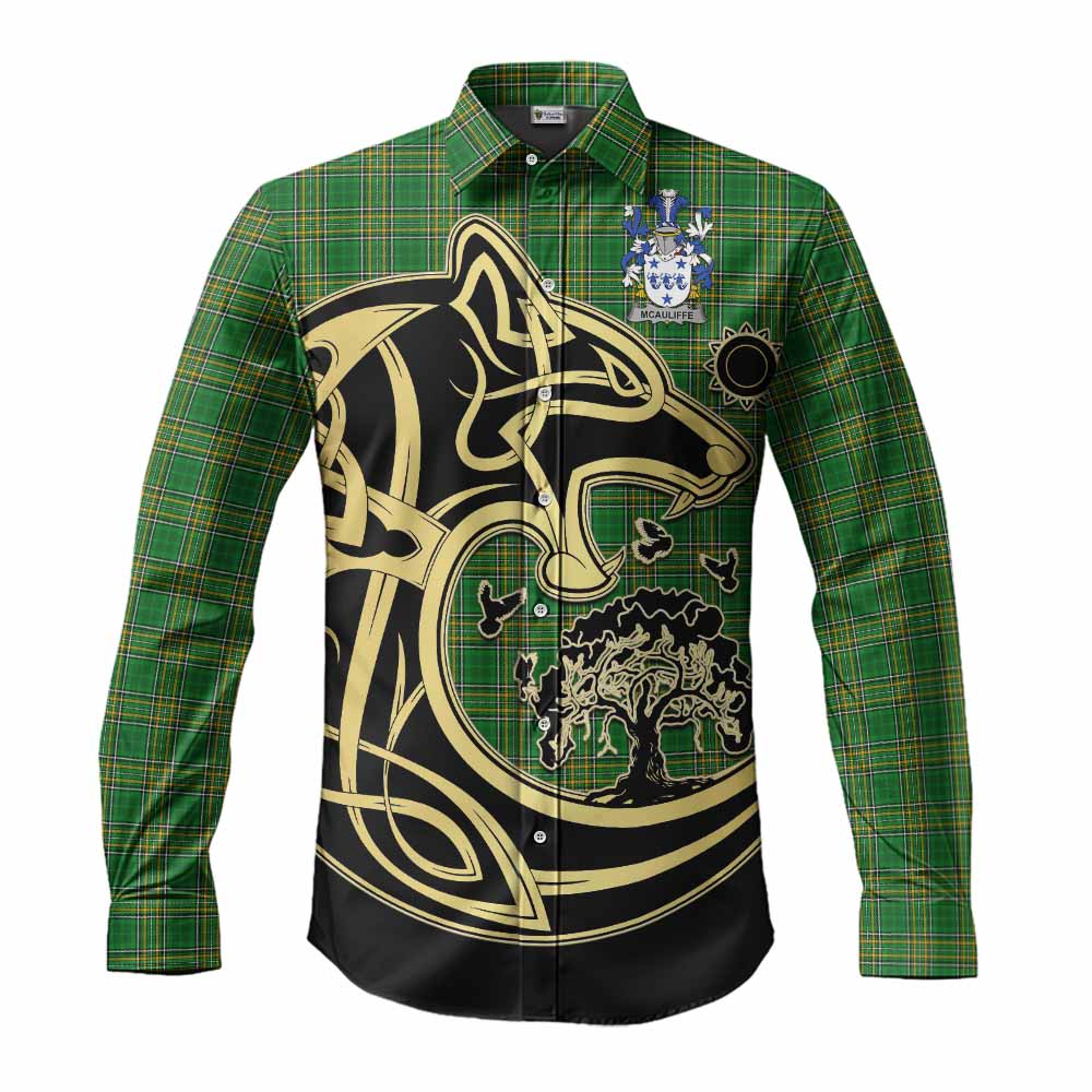 McAuliffe Irish Tartan Long Sleeve Button Shirt with Coat of Arms Celtic Wolf Style Men's Shirt S - Tartan Vibes Clothing