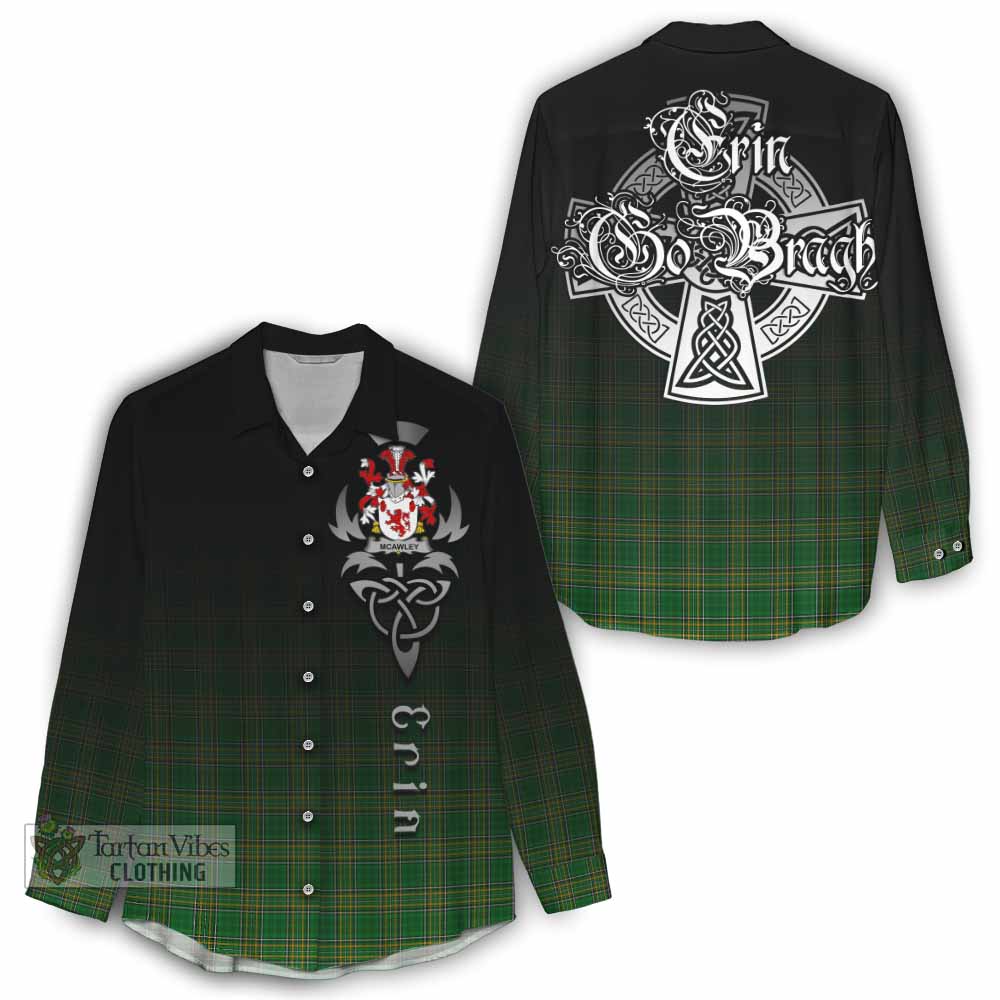 Tartan Vibes Clothing McAwley Irish Clan Women's Casual Shirt with Coat of Arms Erin Go Bragh Celtic Inspired