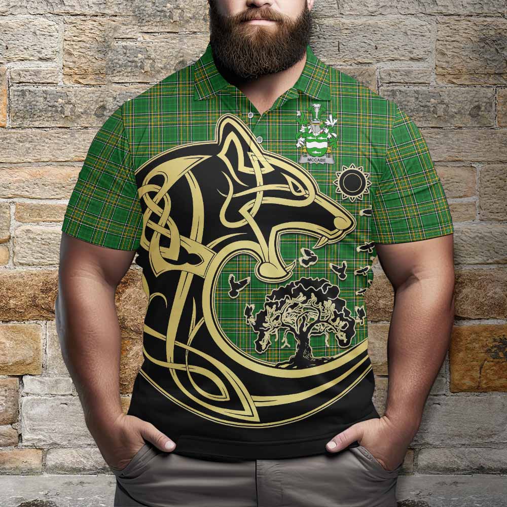Tartan Vibes Clothing McCabe Irish Tartan Polo Shirt with Coat of Arms Celtic Wolf Style