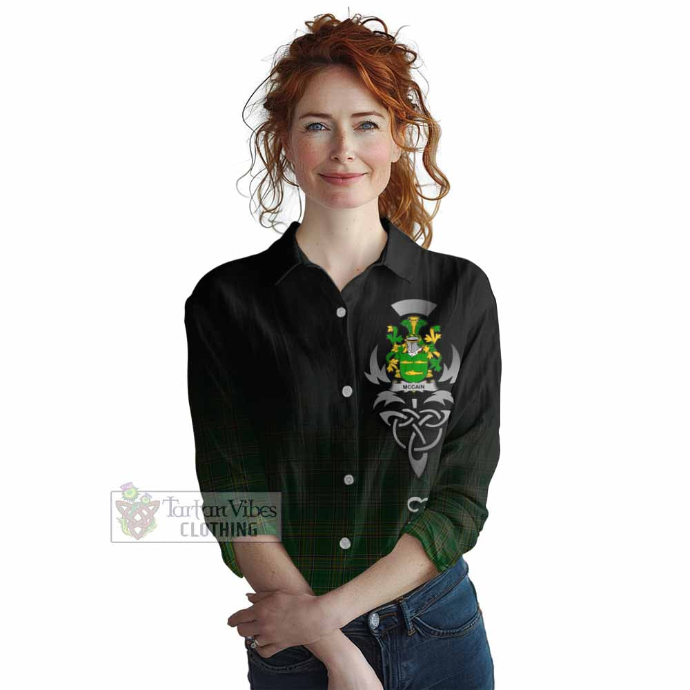 Tartan Vibes Clothing McCain Irish Clan Women's Casual Shirt with Coat of Arms Erin Go Bragh Celtic Inspired