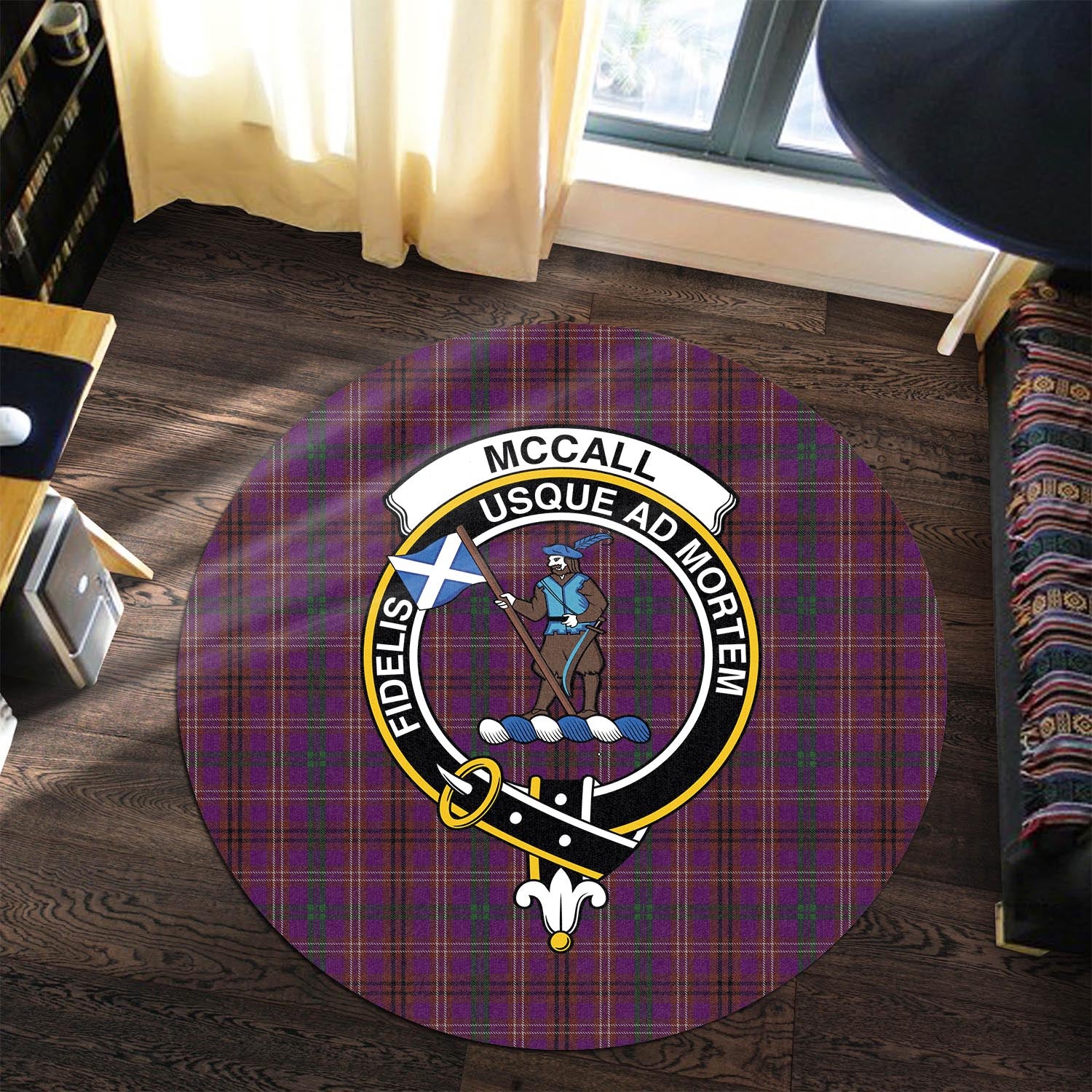 mccall-caithness-tartan-round-rug-with-family-crest