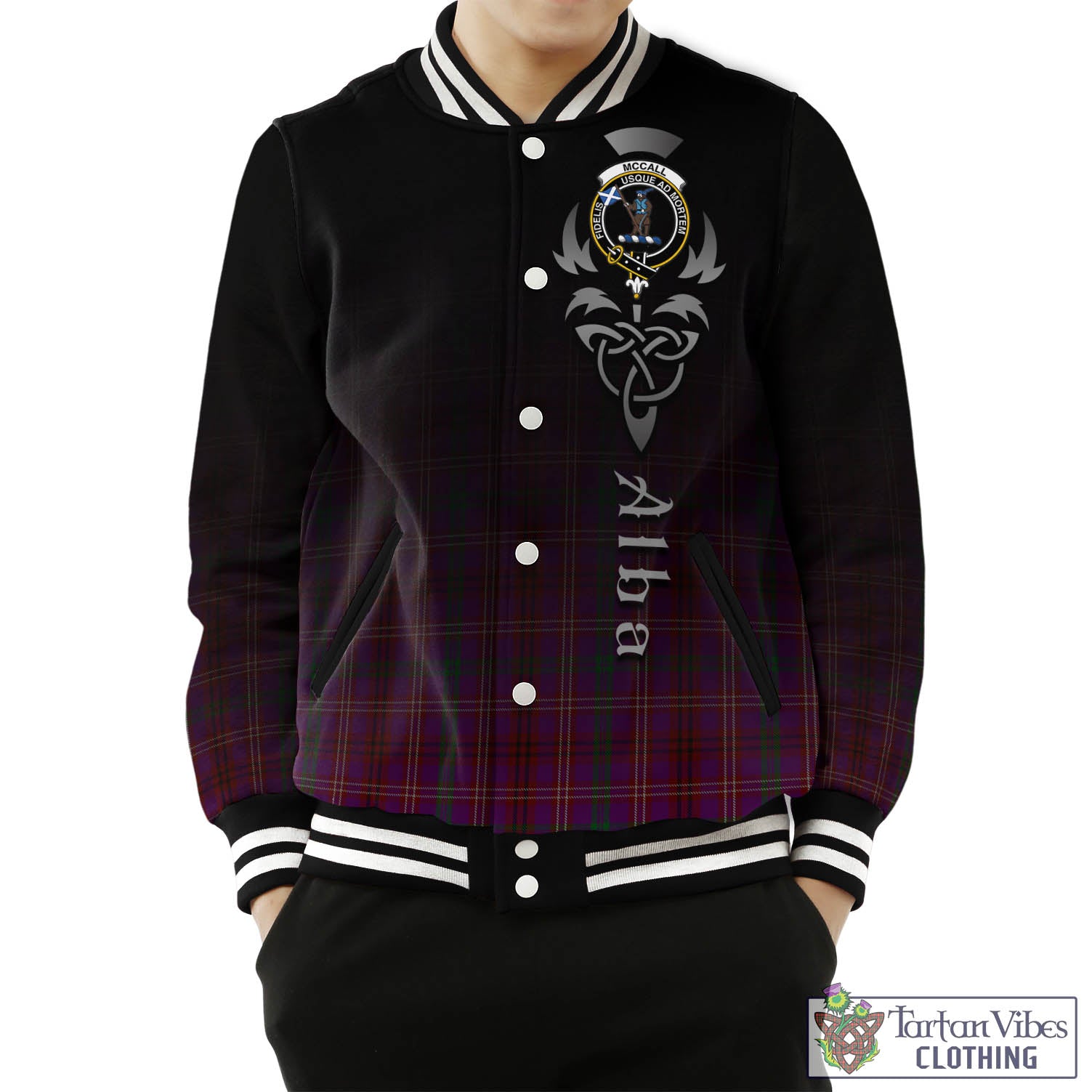 McCall (Caithness) Tartan Baseball Jacket Featuring Alba Gu Brath Family Crest Celtic Inspired Unisex - Tartan Vibes Clothing