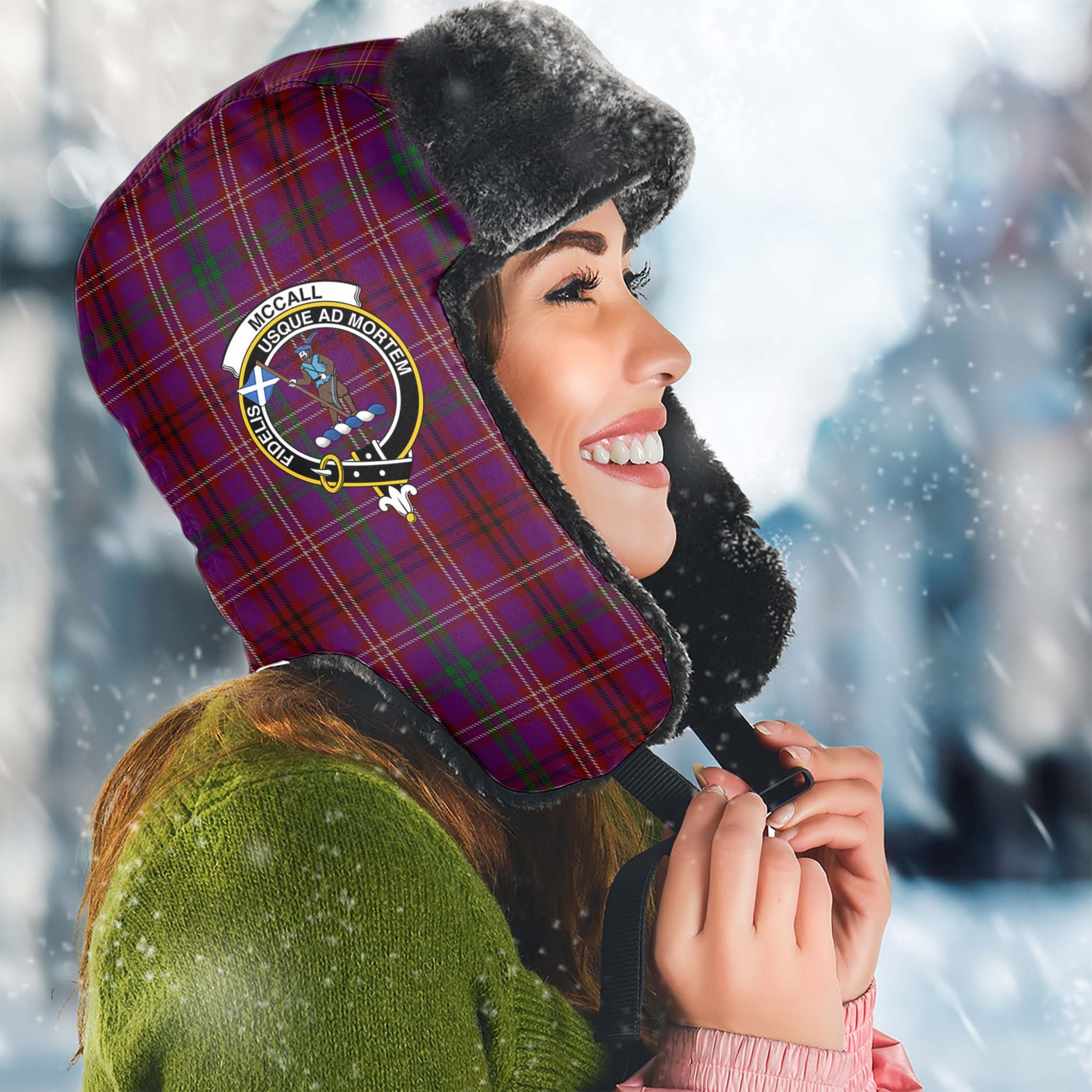 McCall (Caithness) Tartan Winter Trapper Hat with Family Crest Winter Trapper Hat Universal Fit Circumference 22.8in (58cm) - Tartanvibesclothing