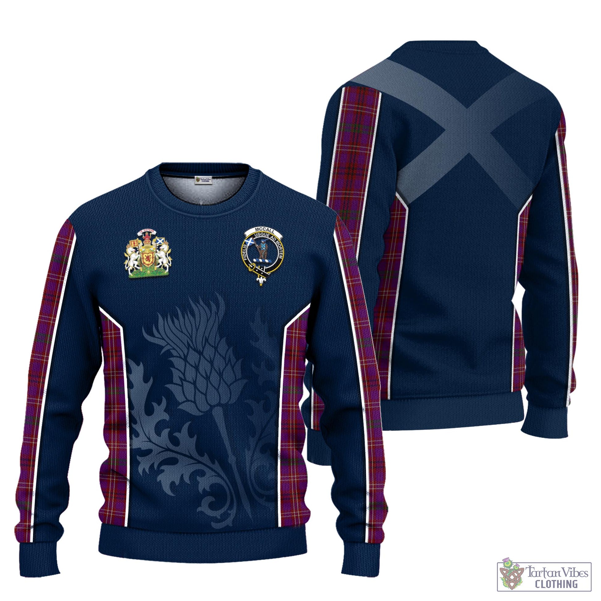 McCall (Caithness) Tartan Knitted Sweatshirt with Family Crest and Scottish Thistle Vibes Sport Style Unisex - Tartan Vibes Clothing