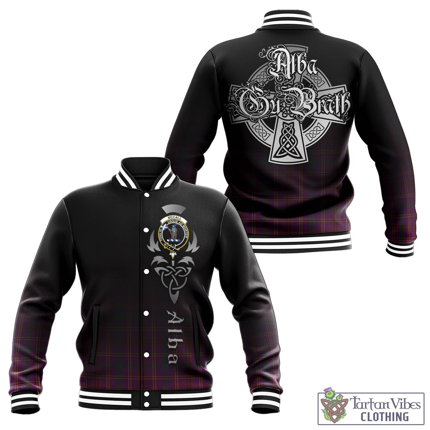 McCall (Caithness) Tartan Baseball Jacket Featuring Alba Gu Brath Family Crest Celtic Inspired - Tartan Vibes Clothing