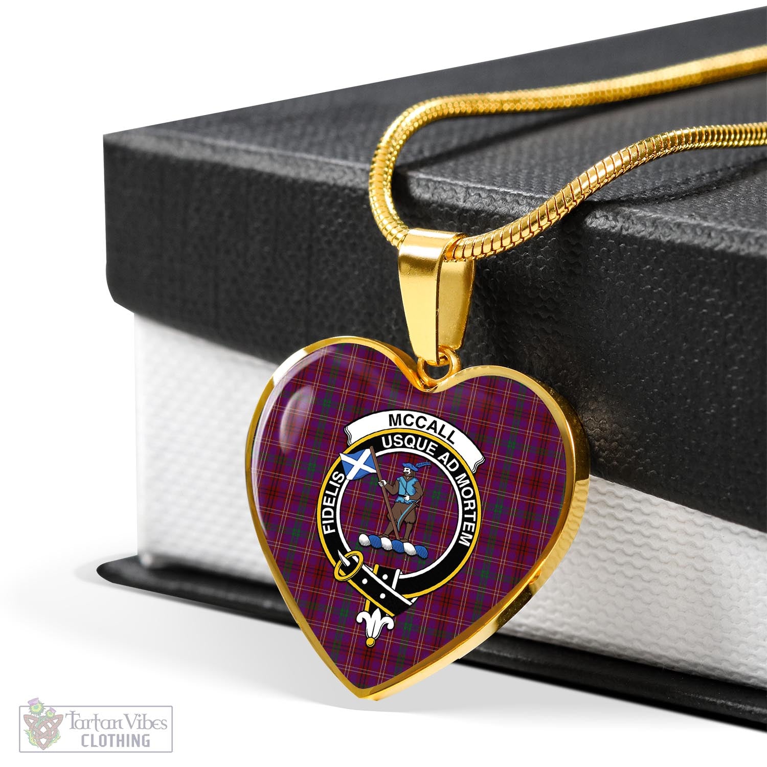 McCall (Caithness) Tartan Heart Necklace with Family Crest - Tartan Vibes Clothing