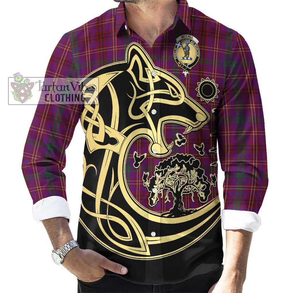 McCall (Caithness) Tartan Long Sleeve Button Shirt with Family Crest Celtic Wolf Style - Tartan Vibes Clothing