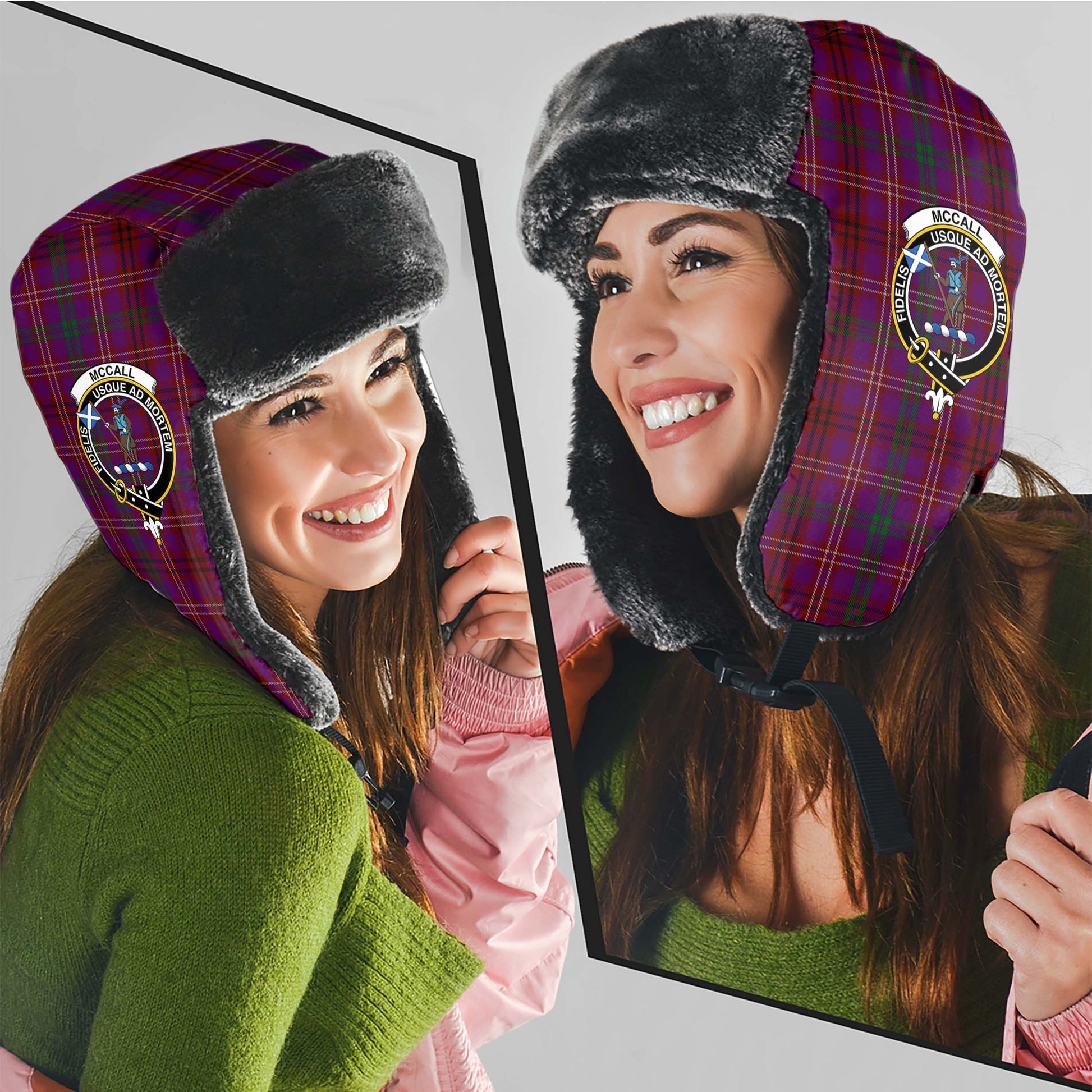 McCall (Caithness) Tartan Winter Trapper Hat with Family Crest - Tartanvibesclothing