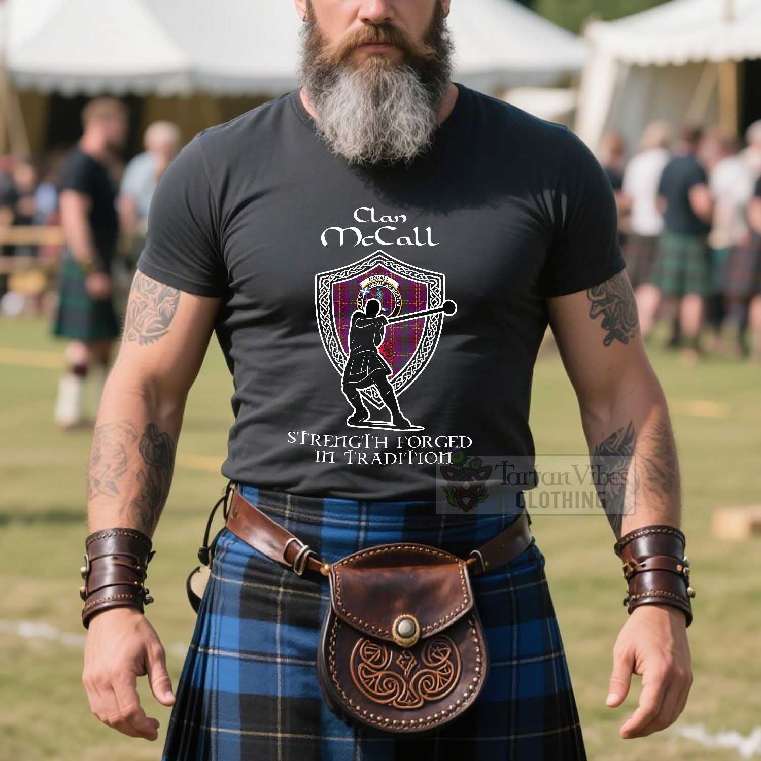 McCall (Caithness) Clan Crest Highland Games T Shirt Strength Forged In Tradition - Tartan Vibes Clothing