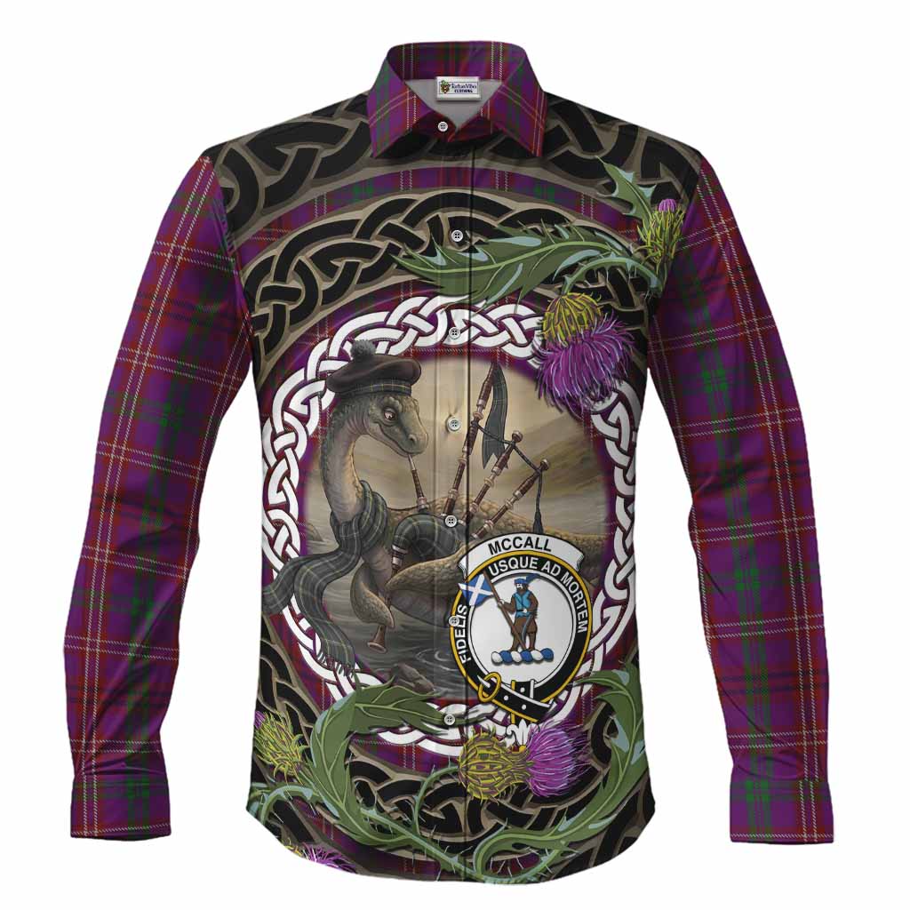 McCall (Caithness) Tartan Crest Bagpipe Nessie Long Sleeve Button Shirts Scottish Loch Ness Monster Celtic Thistle