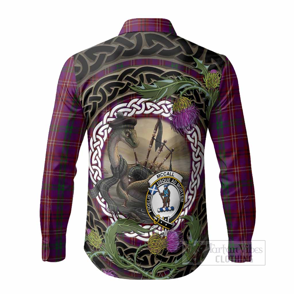 McCall (Caithness) Tartan Crest Bagpipe Nessie Long Sleeve Button Shirts Scottish Loch Ness Monster Celtic Thistle