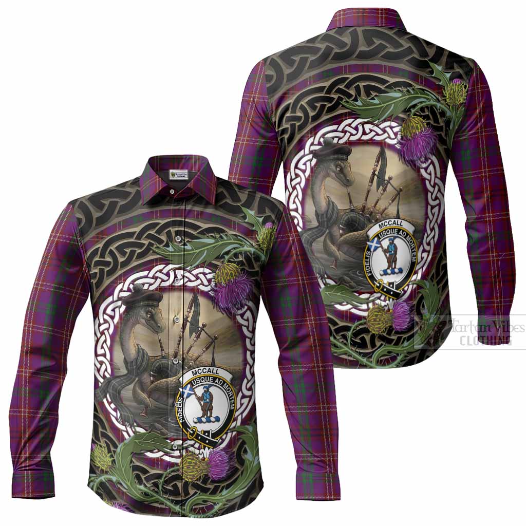 McCall (Caithness) Tartan Crest Bagpipe Nessie Long Sleeve Button Shirts Scottish Loch Ness Monster Celtic Thistle