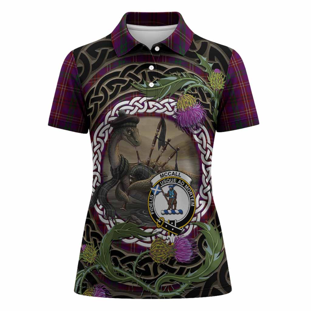 McCall (Caithness) Tartan Crest Bagpipe Nessie Women Polo Shirt Scottish Loch Ness Monster Celtic Thistle