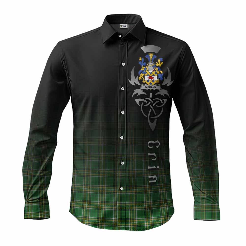 Tartan Vibes Clothing McCann Irish Clan Long Sleeve Button Shirt with Coat of Arms Erin Go Bragh Celtic Inspired