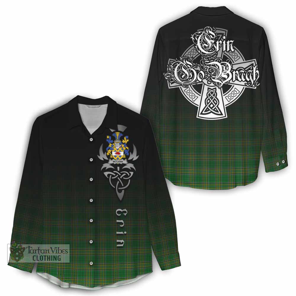 Tartan Vibes Clothing McCann Irish Clan Women's Casual Shirt with Coat of Arms Erin Go Bragh Celtic Inspired
