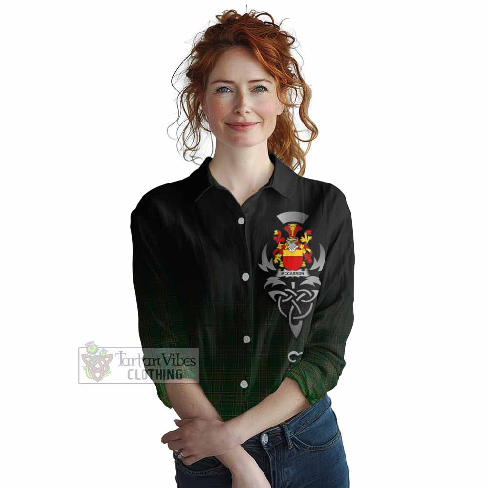 Tartan Vibes Clothing McCarron Irish Clan Women's Casual Shirt with Coat of Arms Erin Go Bragh Celtic Inspired