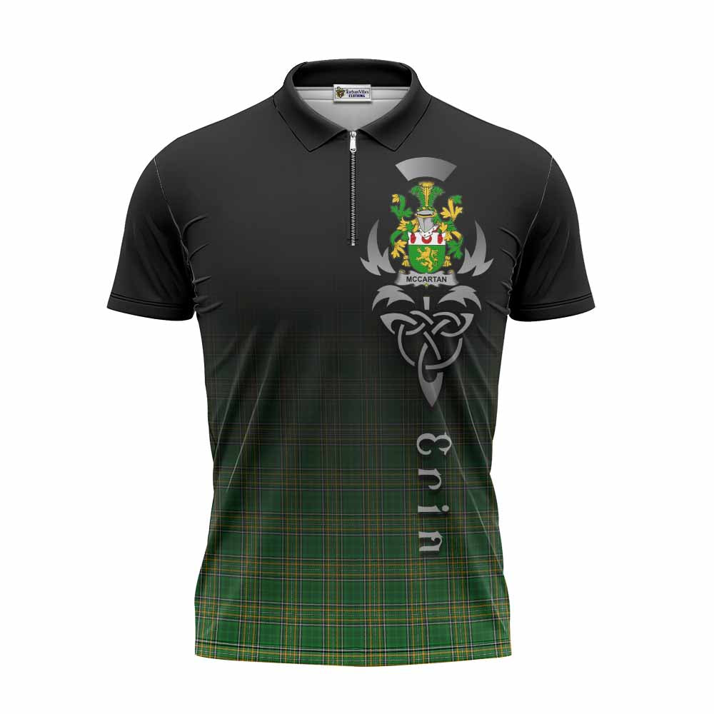 Tartan Vibes Clothing McCartan Irish Clan Zipper Polo Shirt with Coat of Arms Erin Go Bragh Celtic Inspired