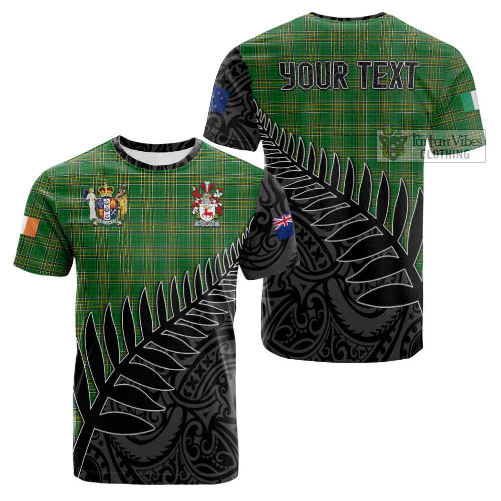 Tartan Vibes Clothing McCarthy Irish Clan Tartan Cotton T-shirt with Coat of Arms New Zealand Silver Fern Half Style
