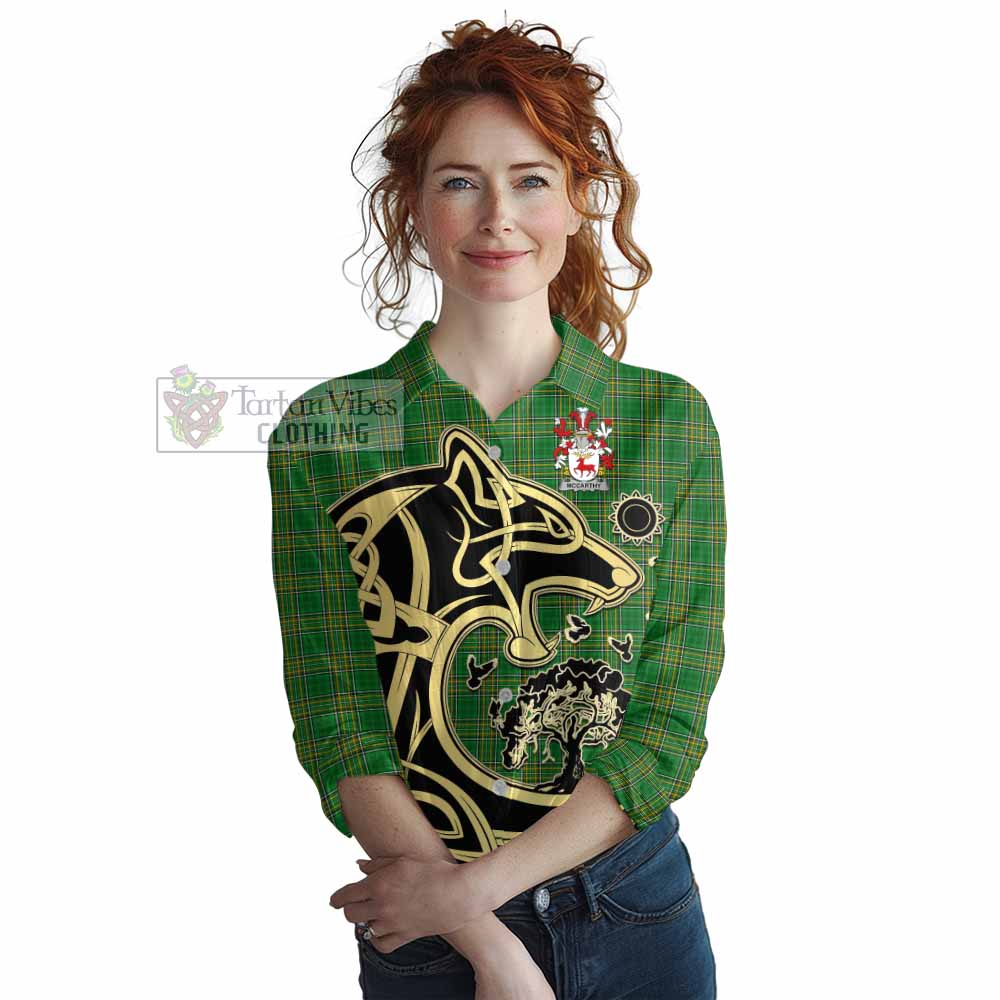 McCarthy Irish Tartan Women's Casual Shirt with Coat of Arms Celtic Wolf Style - Tartan Vibes Clothing